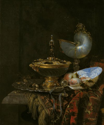 Pronk Still Life with Holbein Bowl, Nautilus Cup, Glass Goblet and Fruit Dish by Willem Kalf